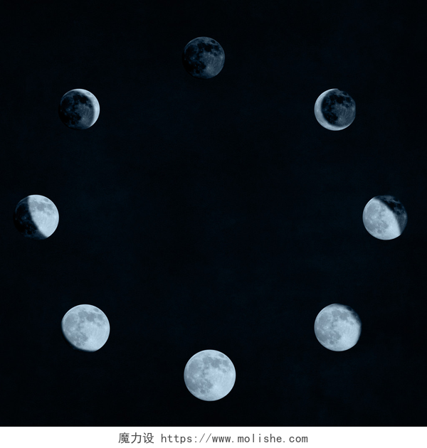 夜空中不同时分的月亮安排在一个圆的月亮阶段拼贴画